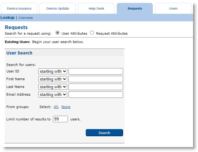 Requests tab of CMS Operator portal with User Attributes option selected as request search criterion and various User Search fields to be completed
